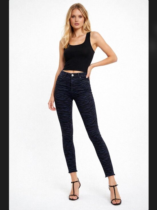 Zara Denim - Zara Zebra Print Skinny Jeans 6 High Rise Raw Hem Blue Black Stretch Dark Wash